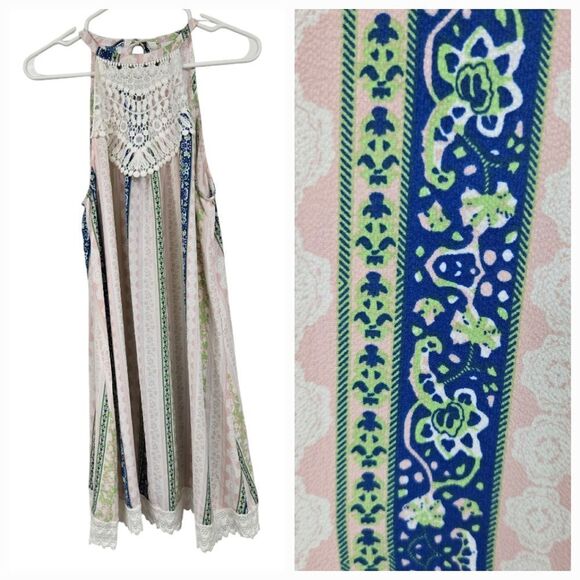 Mistic Prysm by Listicle Crochet Lace Trapeze Dress Wide Stripe Chiffon Shift - Picture 1 of 9